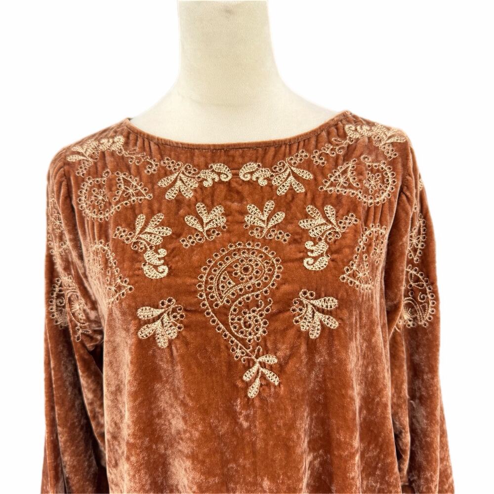 J. Jill Brown Embroidered Velvet Boho Fall Paisley Chic Prairiecore Blouse Top - Picture 5 of 11